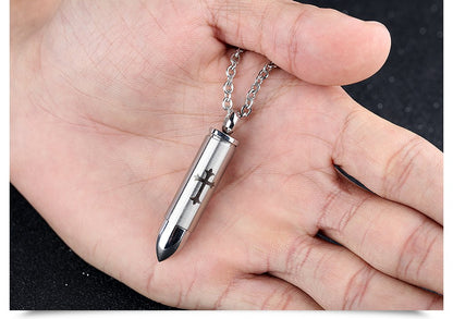 Rockyu 薬ケースネックレス メンズ ステンレス製 弾丸モチーフ 十字架刻印付き