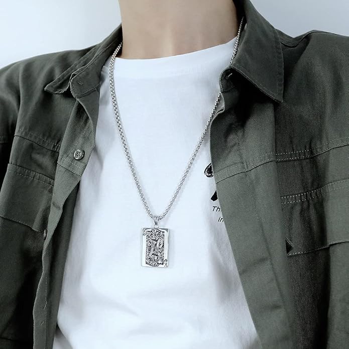 Rockyu トランプモチーフネックレス メンズ ステンレス製 ペンダント チェーン付