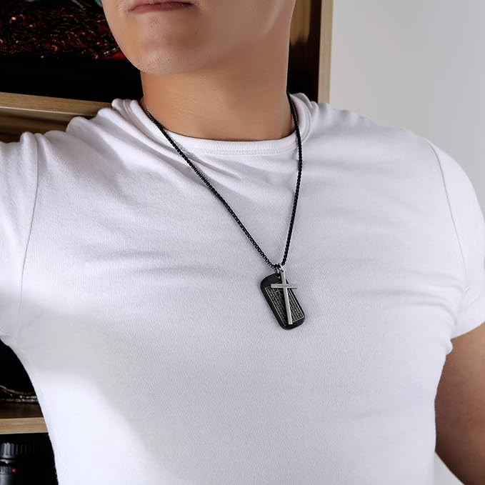 Rockyu ネックレス メンズ クロスプレート ブラック&シルバー ステンレス製