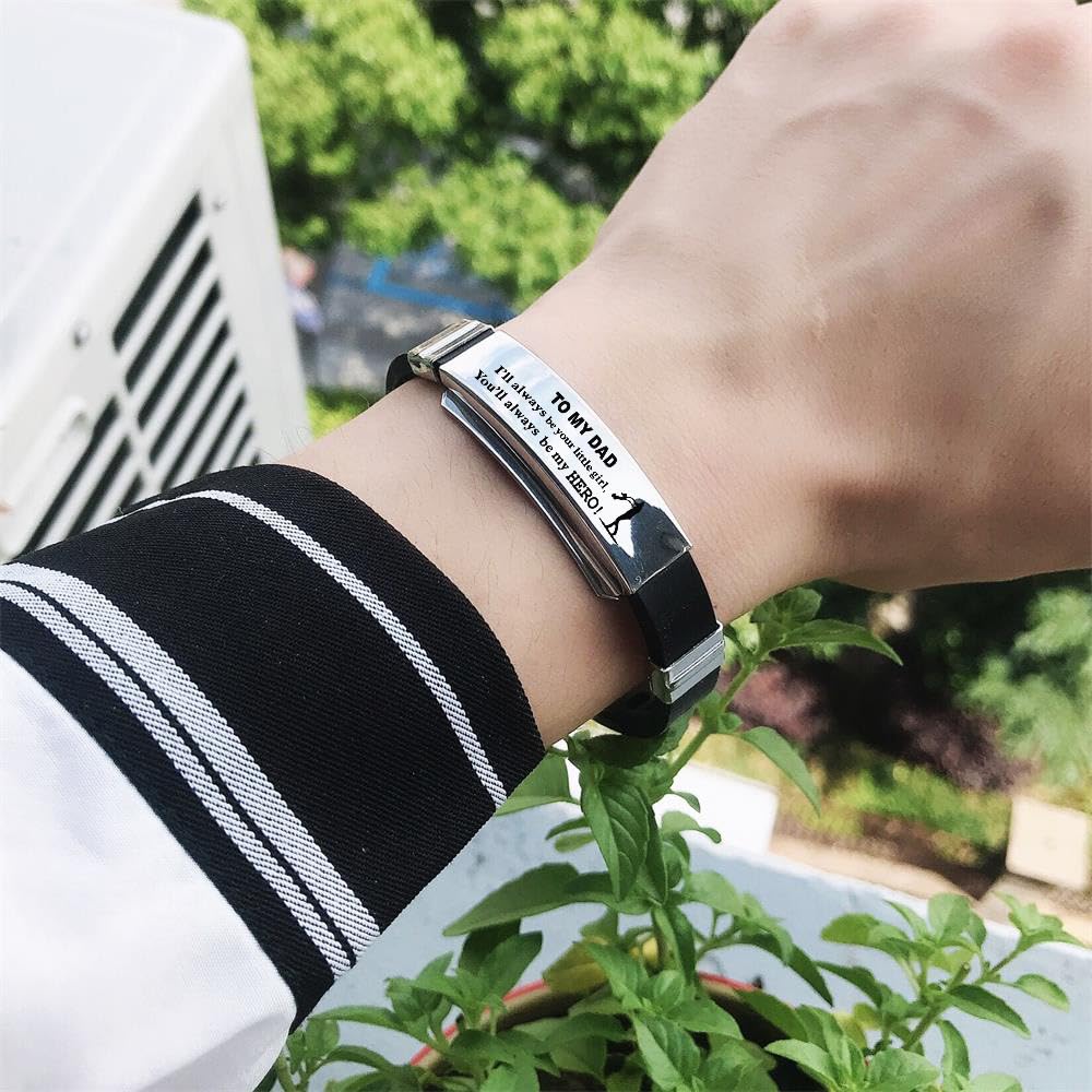 Rockyu ブレスレット メンズ シルバー メッセージ刻印 ステンレス レザーバンド 調節可能 父の日 ギフト