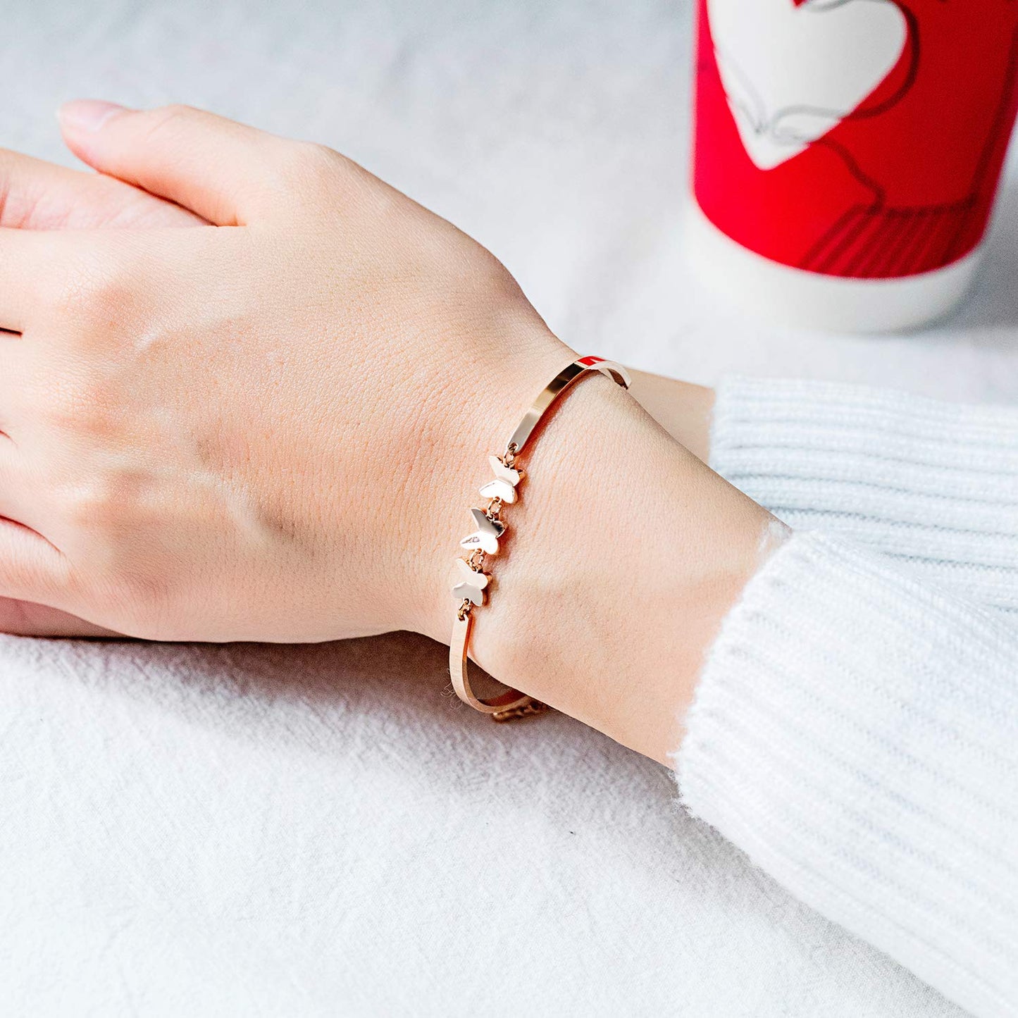 Rockyu レディース バタフライブレスレット シルバー＆ローズゴールド ステンレス製 蝶モチーフ