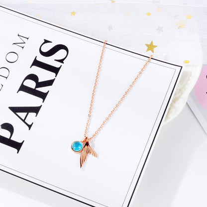 Rockyu ネックレス レディース ペンダント 人魚のしっぽ サファイア風クリスタル チタン製 18Kピンクゴールド仕上げ 細め鎖骨チェーン 女性用アクセサリー