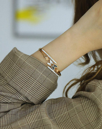 Rockyu ブレスレット レディース 蝶モチーフ ピンクゴールド 18Kメッキ チタン製 キラキラバングル