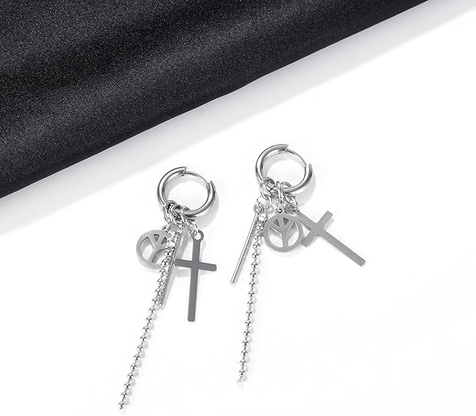 Rockyu メンズピアスセット 十字架 スター スパイク付きチェーンフープピアス