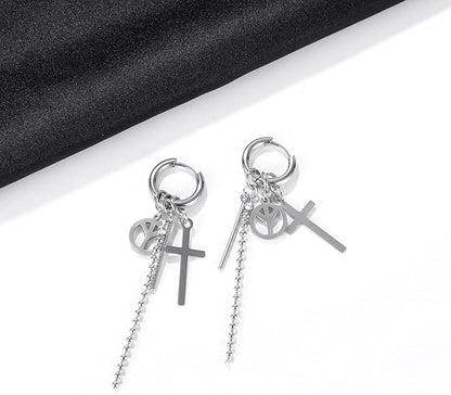 Rockyu メンズピアスセット 十字架 スター スパイク付きチェーンフープピアス