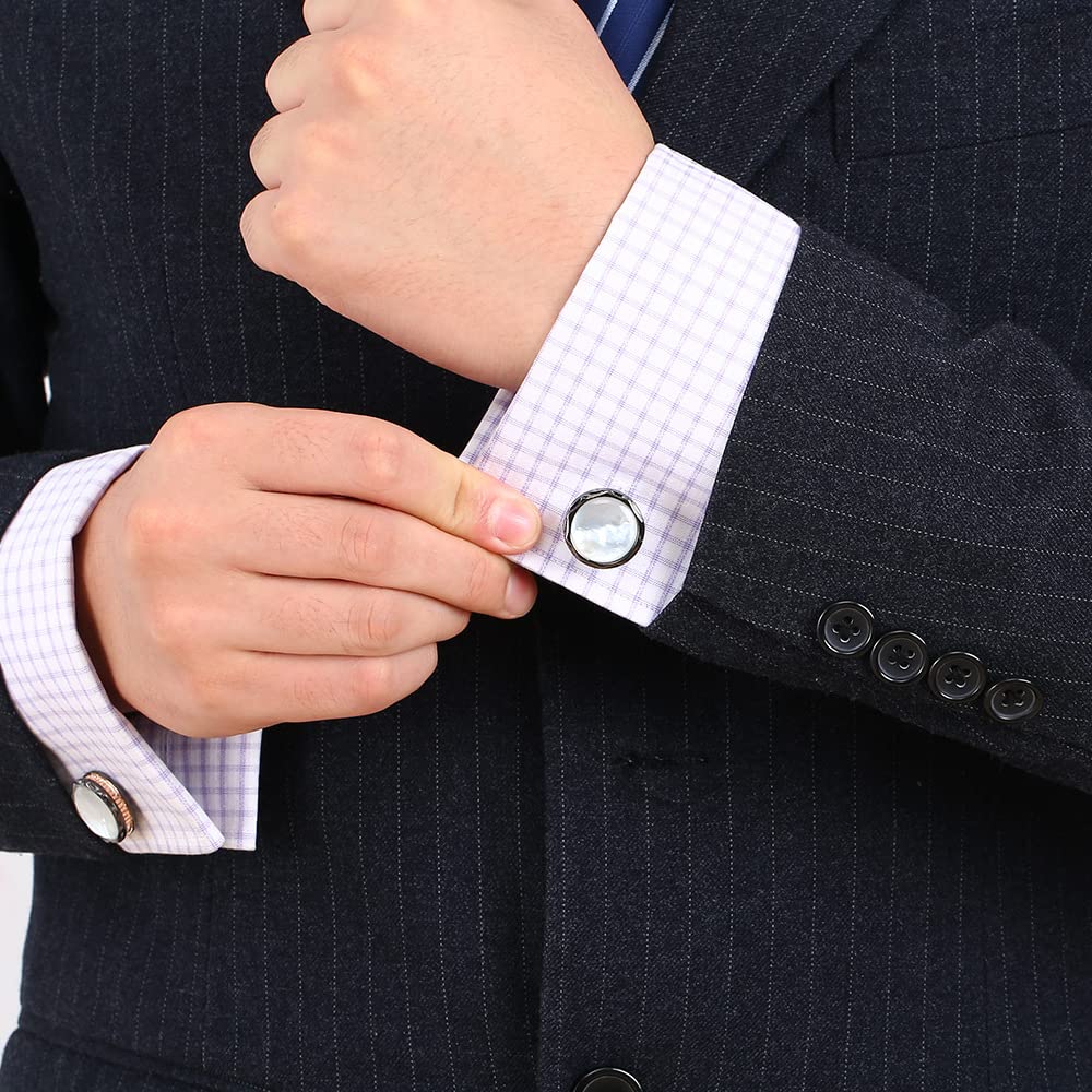 Rockyu カフスボタン メンズ ブラック×白蝶貝 円型 鏡面仕上げ ビジネス 通勤 就職祝い 父の日 プレゼント