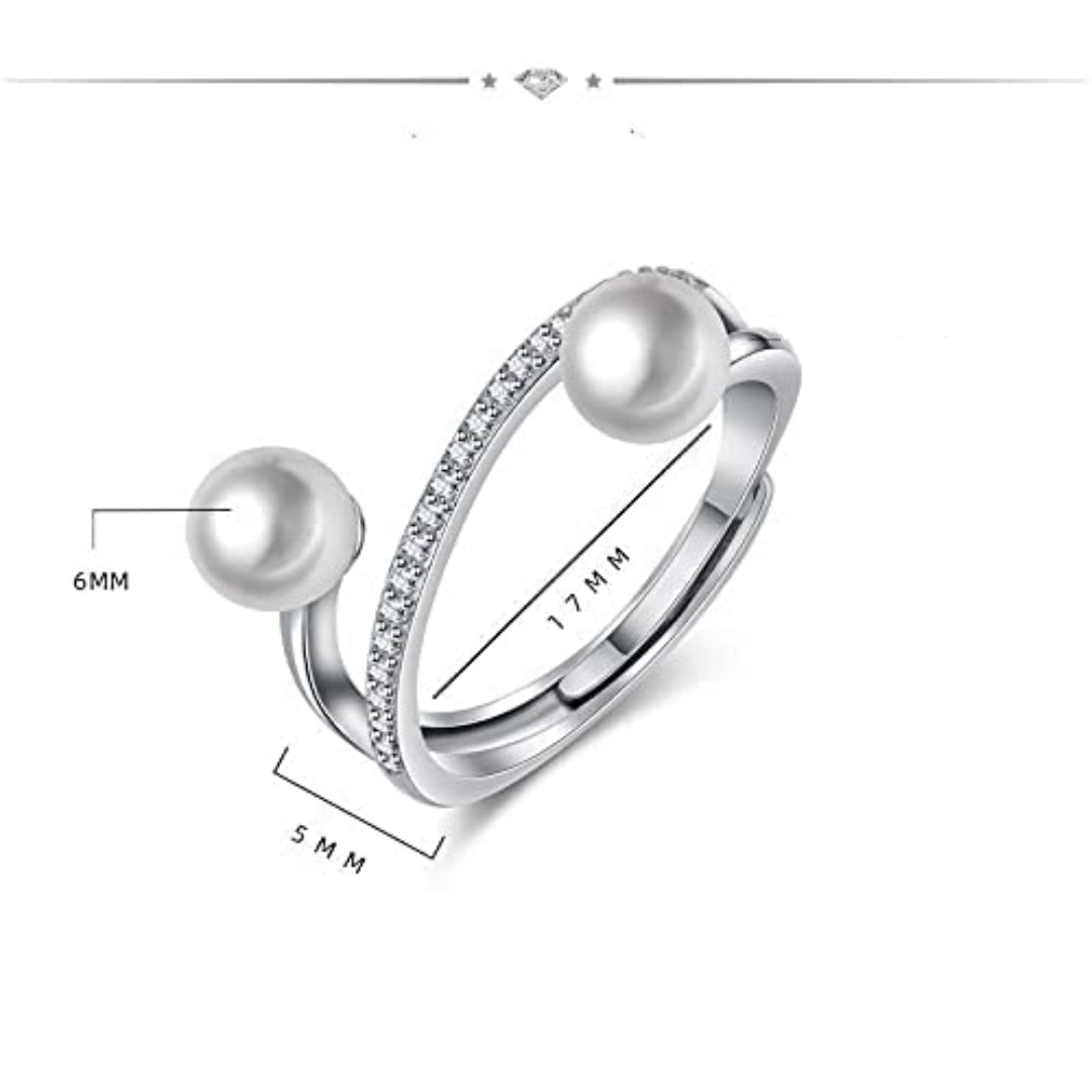 Rockyu シルバーリング 2粒パール＆ジルコニア レディース フリーサイズ指輪