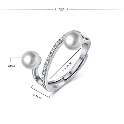 Rockyu シルバーリング 2粒パール＆ジルコニア レディース フリーサイズ指輪