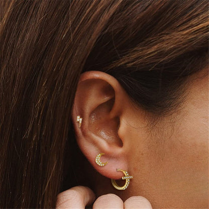 Rockyu レディースピアス シルバー925 クロスデザイン ジルコニア フープリング 金属アレルギー対応 ゴールド シルバー