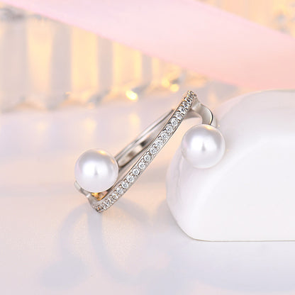 Rockyu シルバーリング 2粒パール＆ジルコニア レディース フリーサイズ指輪