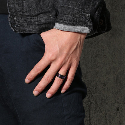 Rockyu チタンリング メンズ ブラック シルバー ブルー ゴールドライン入り 8mm幅