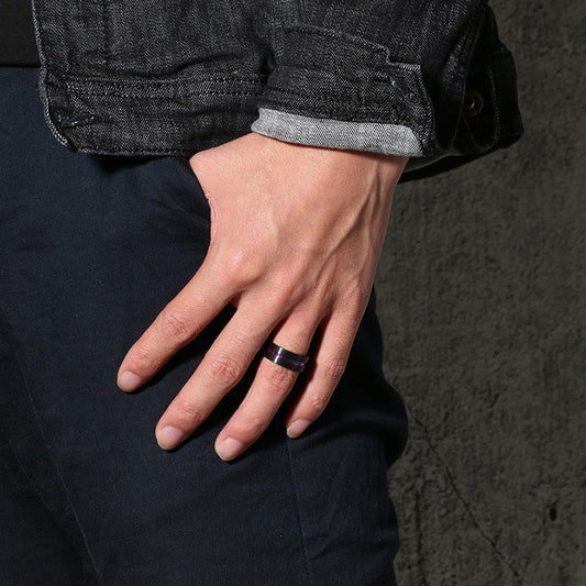 Rockyu チタンリング メンズ ブラック シルバー ブルー ゴールドライン入り 8mm幅