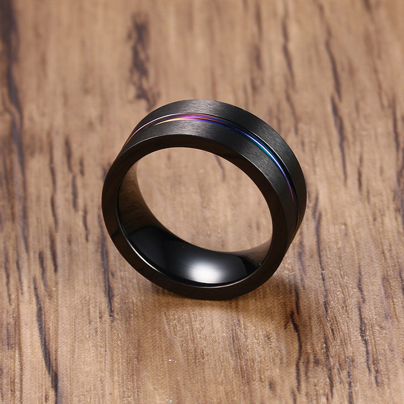 Rockyu チタンリング メンズ ブラック シルバー ブルー ゴールドライン入り 8mm幅