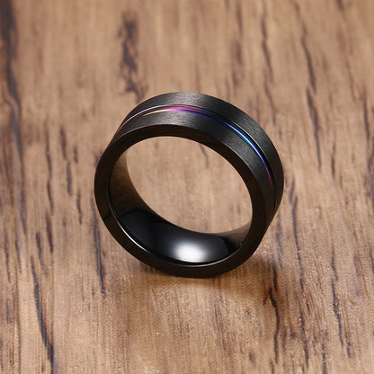 Rockyu チタンリング メンズ ブラック シルバー ブルー ゴールドライン入り 8mm幅