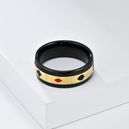 Rockyu トランプスピンリング メンズ ステンレス製 ブラック＆ゴールド