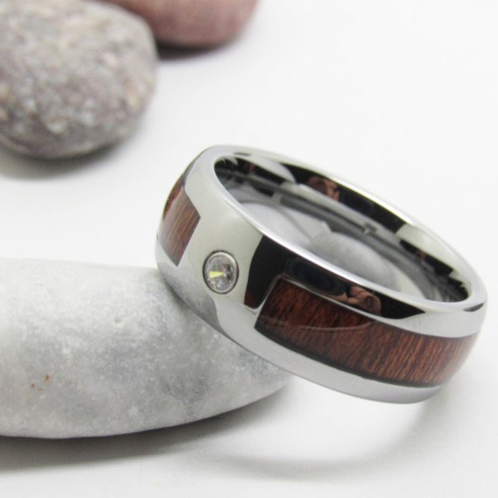 Rockyu タングステンカーバイドリング メンズ 8mm 木目インレイ ジルコニア シルバー 重厚感デザイン