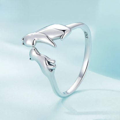 Rockyu 猫リング レディース フリーサイズ シルバー925 親子猫デザイン