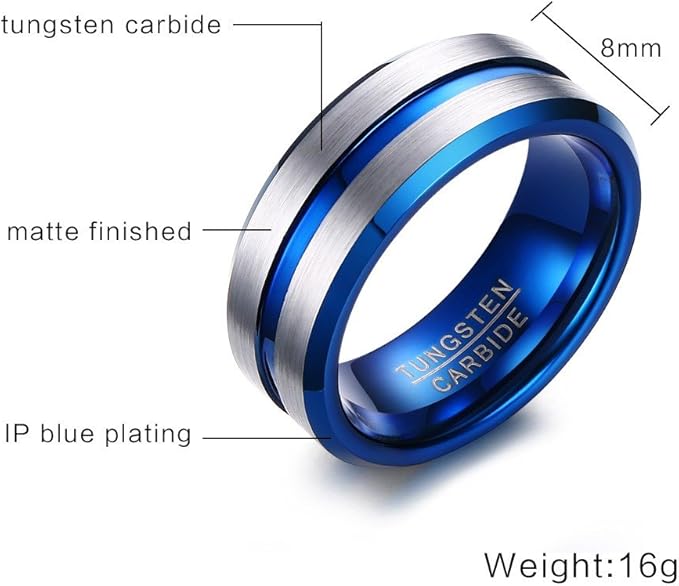 Rockyu タングステンリング メンズ レディース兼用 8mm 幅広 ブルー×シルバー マット仕上げ