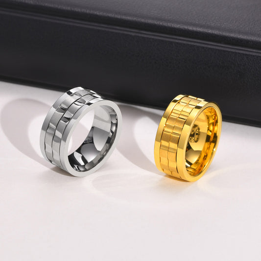 Rockyu ステンレススチールスピンリング 9mm幅 メンズ チタン風ギアデザイン