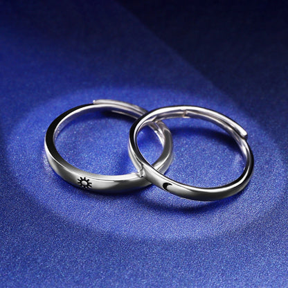 Rockyu 月と太陽の刻印リング ペア風デザイン フリーサイズ シルバー925指輪