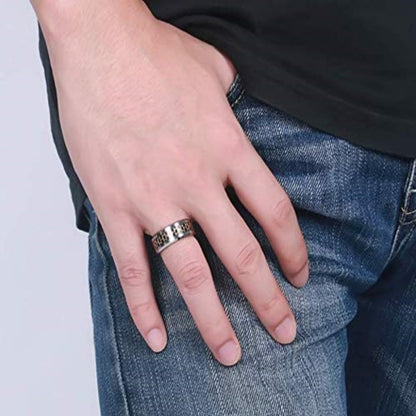 Rockyu タングステンリング メンズ 8mm 幅広 カーボンファイバー×ゴールド 六芒星デザイン