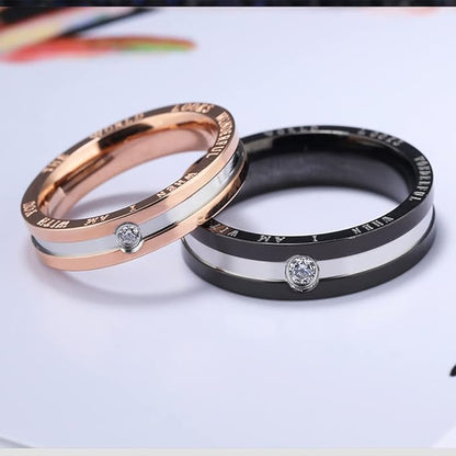 Rockyu ペアリング ステンレス製 一粒ジルコニア付き ブラック＆ピンクゴールドリング