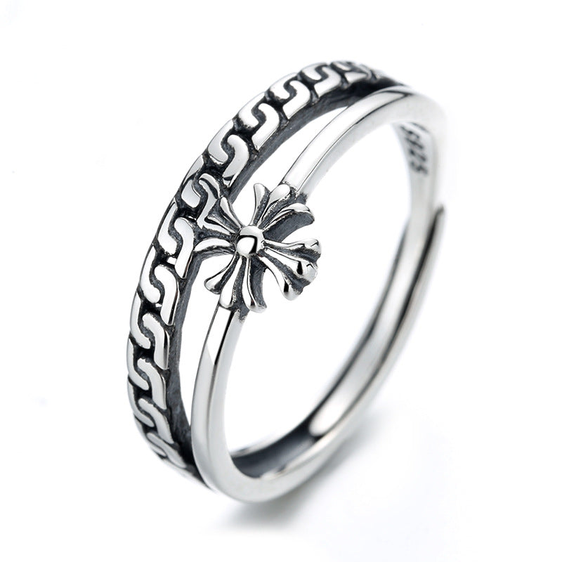 Rockyu シルバー925 レディースリング｜クロス＆チェーン風デザイン 二連風フリーサイズリング