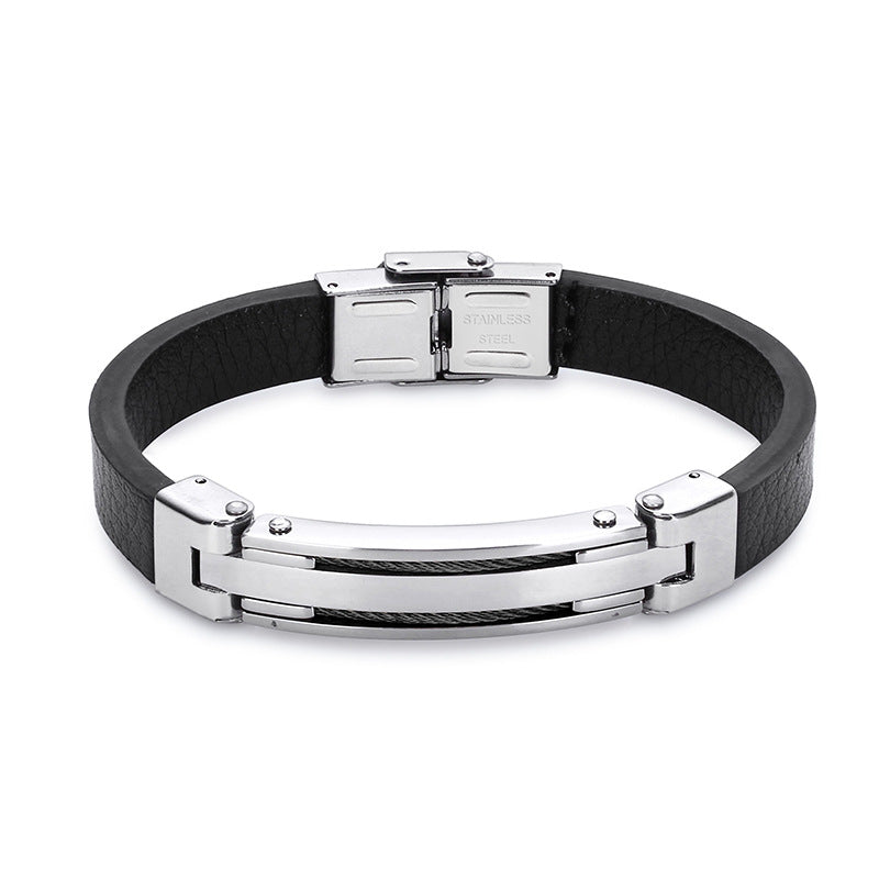Rockyu メンズ ブレスレット ステンレス シリコン レザー プレート シンプル カジュアル アクセサリー