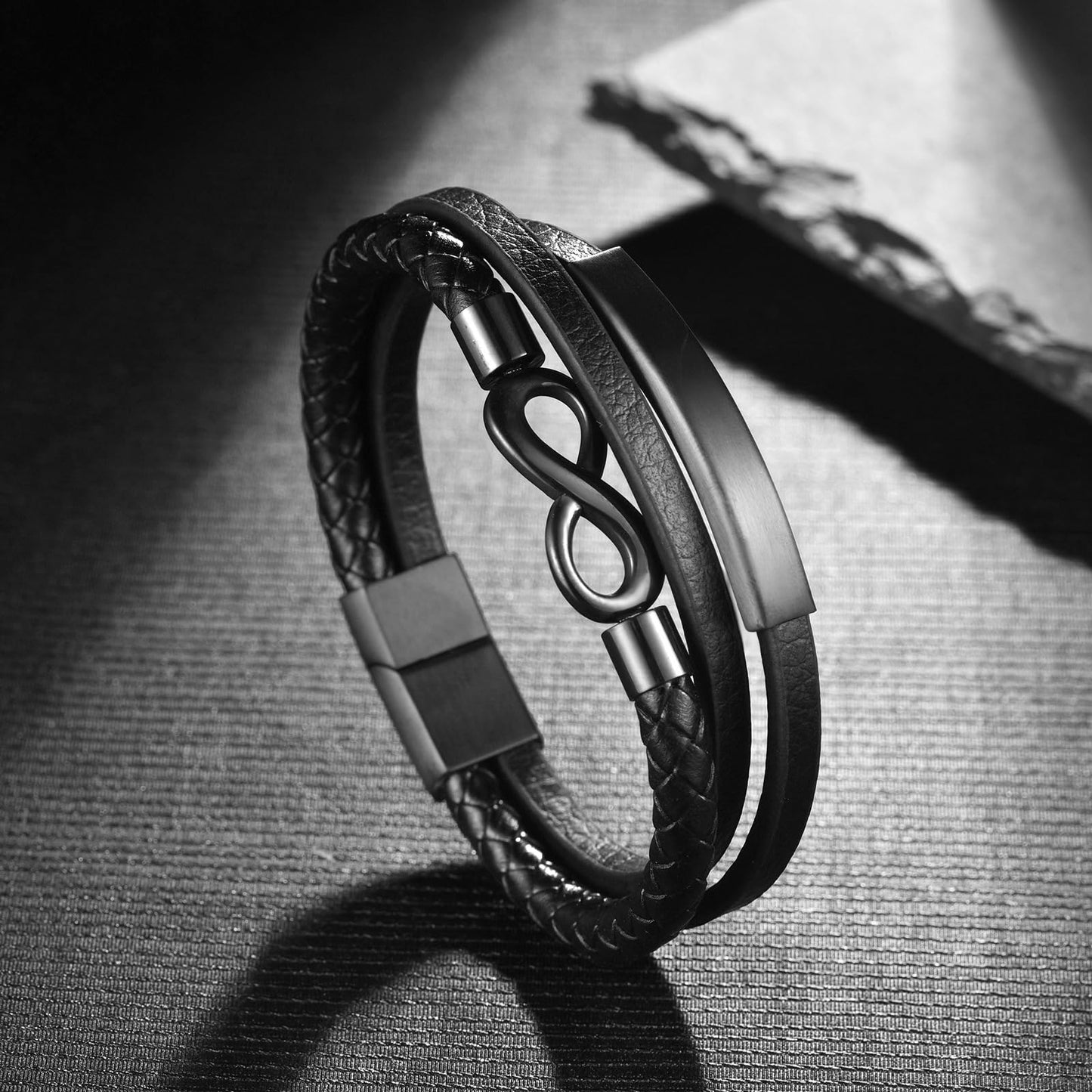Rockyu ブレスレット メンズ 無限シンボル 8字モチーフ 編み込みレザー ステンレス ブラック シンプル おしゃれ カジュアル ギフト