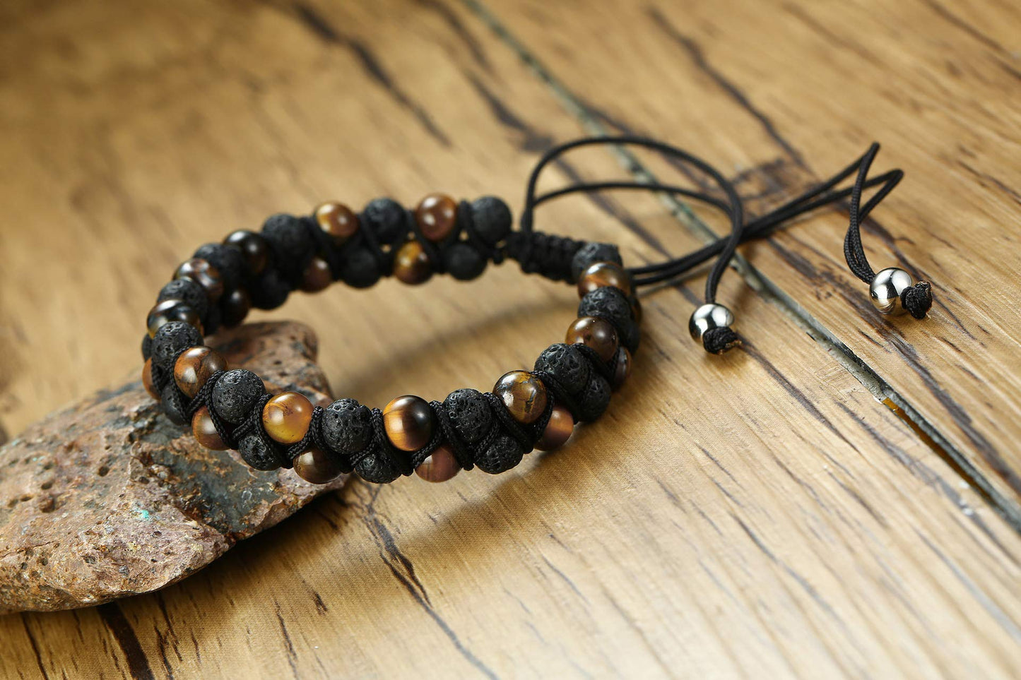 Rockyu メンズブレスレット 編み込み レザー 火山石 黒紫 数珠2連ブレスレット浄化用さざれ 調節可能 カジュアル 人気アクセサリー