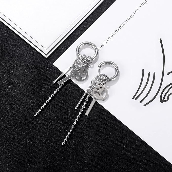 Rockyu メンズピアスセット 十字架 スター スパイク付きチェーンフープピアス