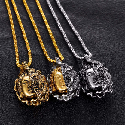 Rockyu ブッダ＆デーモンペンダント メンズネックレス ステンレス製 ゴールド＆シルバー 厄除けデザイン