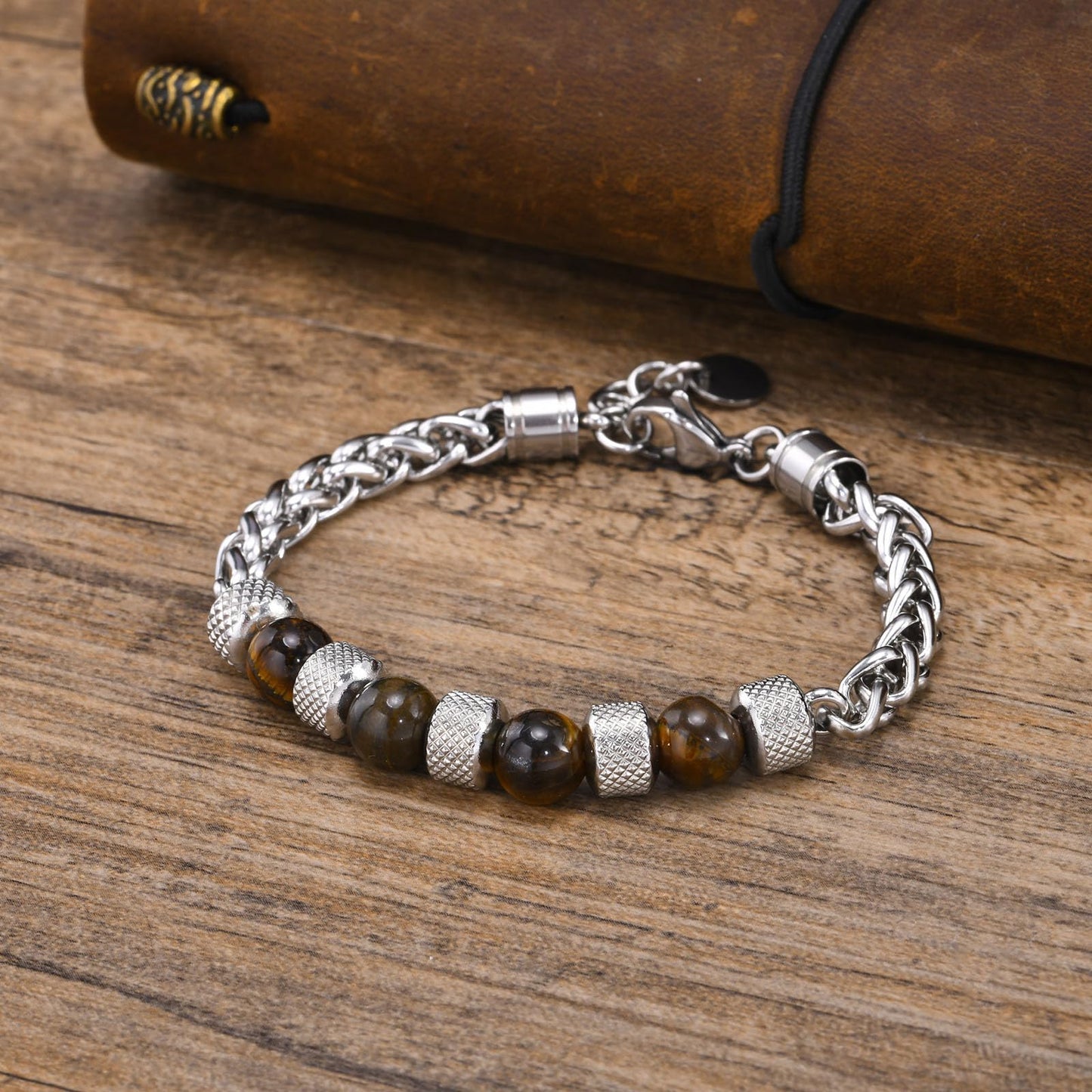 ブレスレット メンズ 天然石 ステンレスチェーン 虎眼石/ラピスラズリ/黒瑪瑙