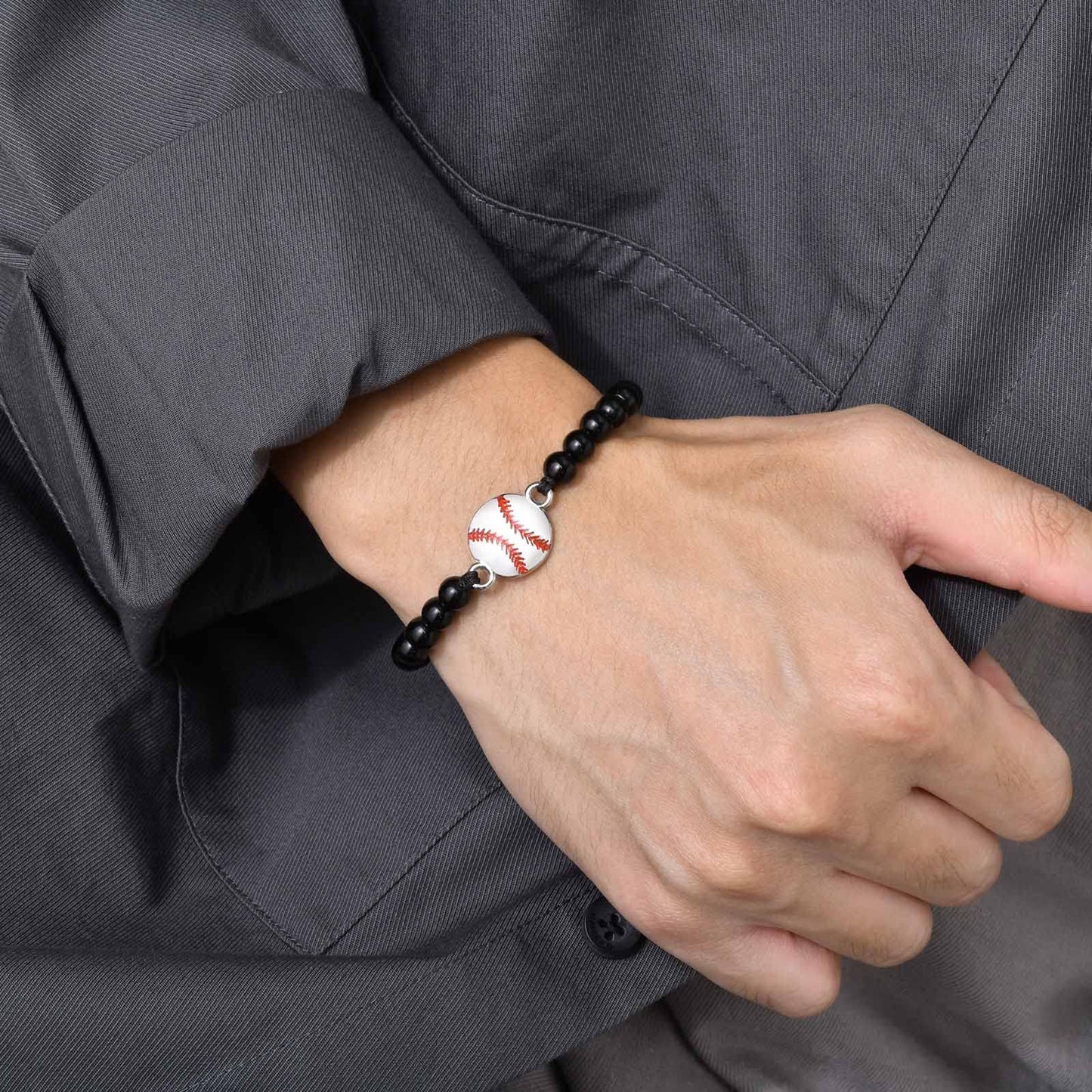 Rockyu ブレスレット メンズ レディース 野球ボールデザイン 数珠ブレスレット ブラック オニキス ステンレス 金属アレルギー対応 スポーツ ファン ギフト