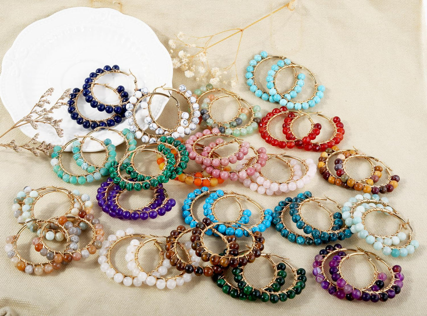 Rockyu フープピアス レディース 天然石 ターコイズ ホワイトムーンストーン ゴールド ワイヤーラップ 大ぶりピアス ギフト 誕生日 クリスマス