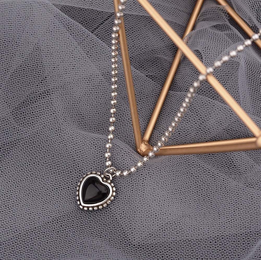 Rockyu ブラックハートネックレス＆ブレスレット レディース シルバー パール付きセット INS風