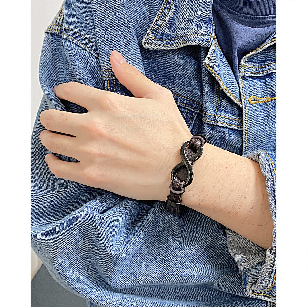 Rockyu ブレスレット メンズ レザー 無限大 ステンレス 繊維合成革 バングル