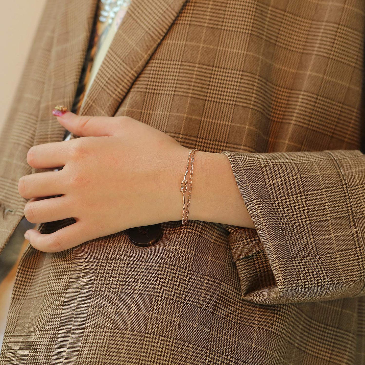 Rockyu ブレスレット レディース 18Kピンクゴールド 結び目モチーフ 2連チェーン