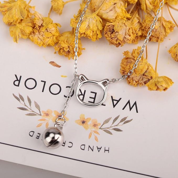 Rockyu 猫モチーフネックレス レディース シルバー925 鎖骨チェーン付き ジルコニアチャーム