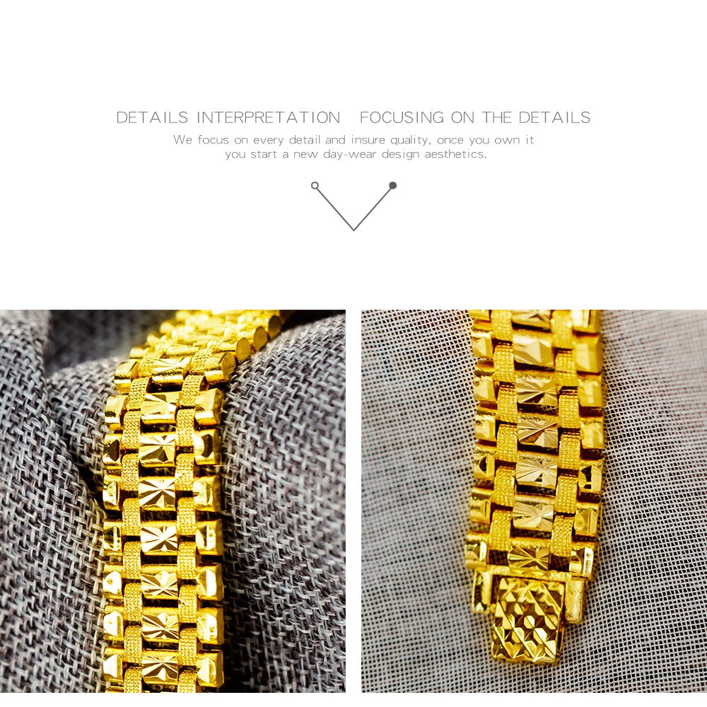 Rockyu 18Kゴールドプレート 幅広メンズブレスレット ステンレス風 豪華デザイン