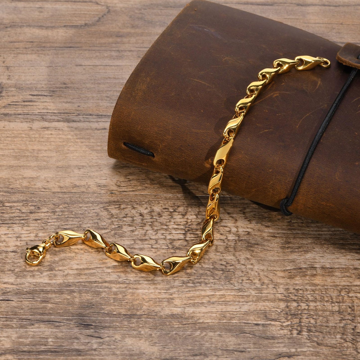 Rockyu メンズ デニムチェーンブレスレット｜ステンレス製 IPコーティング 21cm｜ゴールド・ブラック・シルバー｜金属アレルギー対応