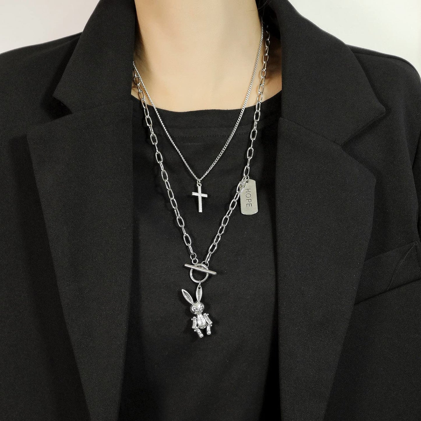 Rockyu レディースネックレス うさぎとくまの二連ロングチェーンペンダント