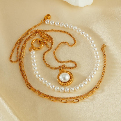 Rockyu パールネックレス レディース 2連 ゴールド ステンレス製 OTチェーン パールペンダント 調整可能 エレガント 結婚式 パーティー