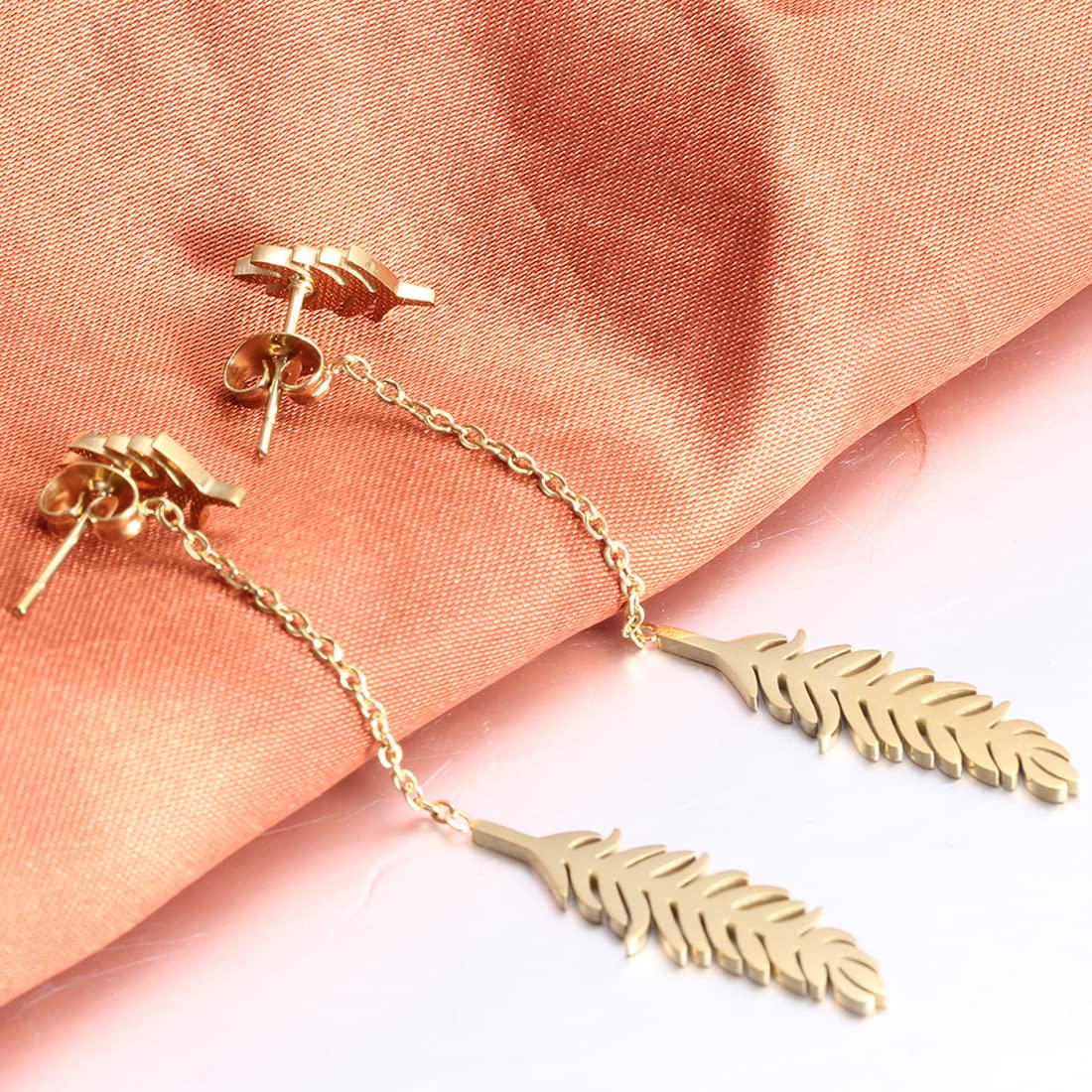 Rockyu ピアス レディース ゴールド 木の葉モチーフ ロングチェーン 揺れる羽ピアス