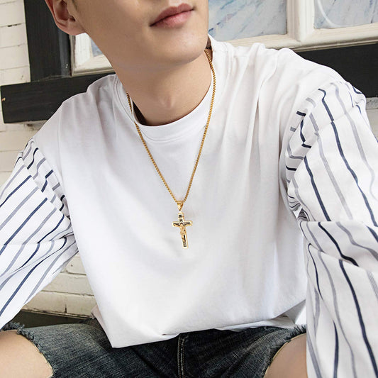 Rockyu ネックレス メンズ 十字架 ステンレス シルバー ゴールド クロスペンダント アンティーク風