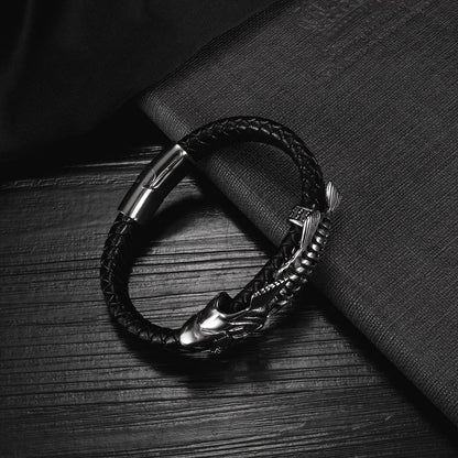 Rockyu メンズブレスレット 魚骨デザイン レザー×ステンレス ブラックアクセサリー