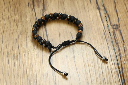 Rockyu メンズブレスレット 編み込み レザー 火山石 黒紫 数珠2連ブレスレット浄化用さざれ 調節可能 カジュアル 人気アクセサリー