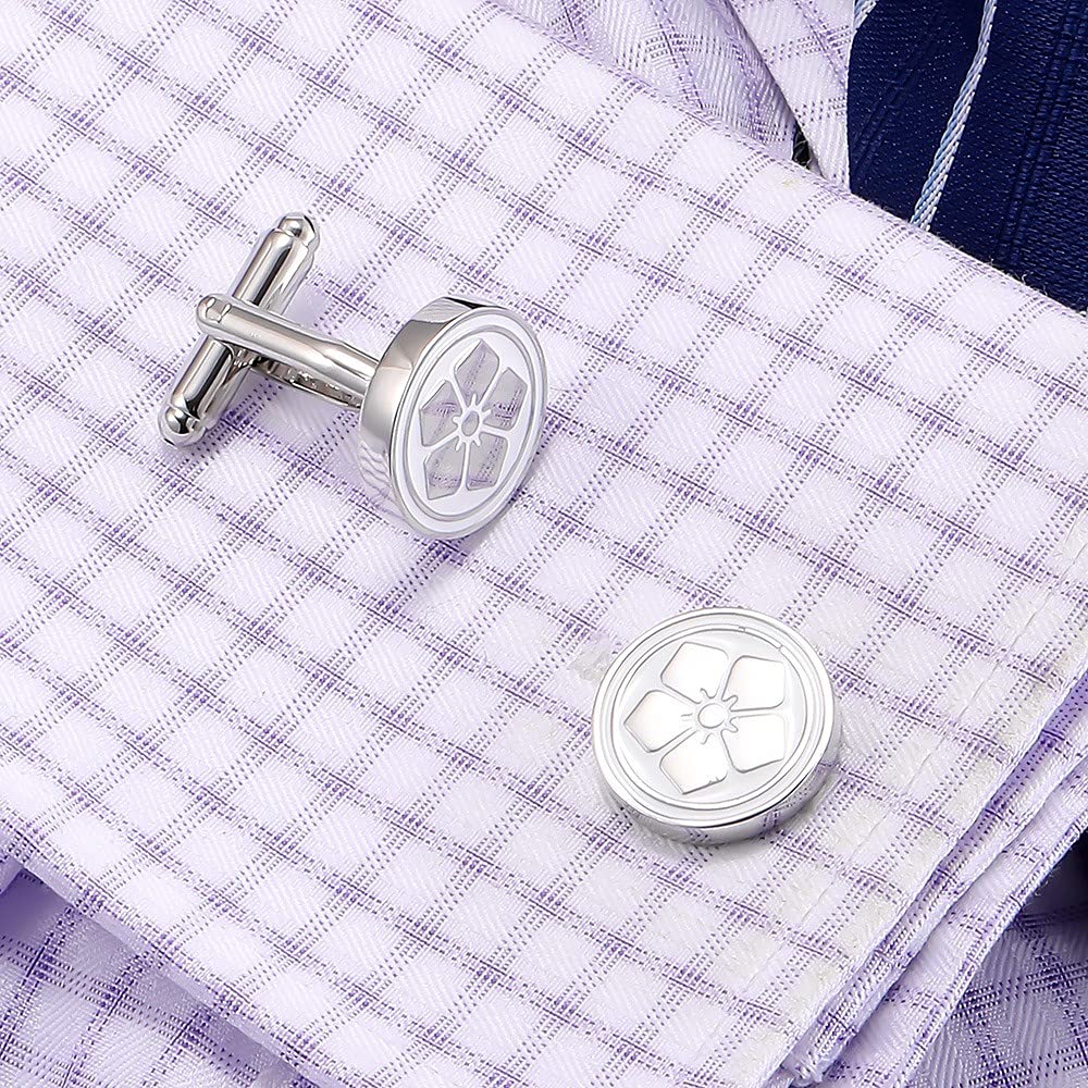 Rockyu 桜花カフス メンズ シルバー ラウンドカフス 鏡面仕上げ フラワーモチーフ