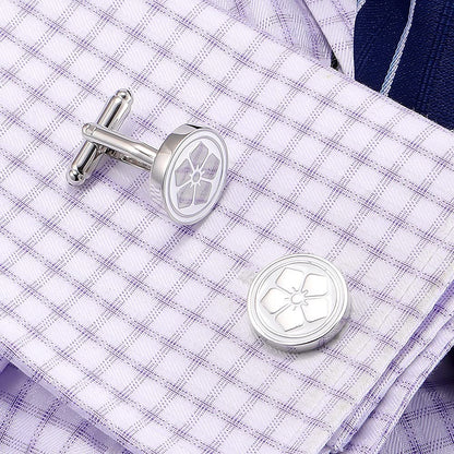 Rockyu 桜花カフス メンズ シルバー ラウンドカフス 鏡面仕上げ フラワーモチーフ