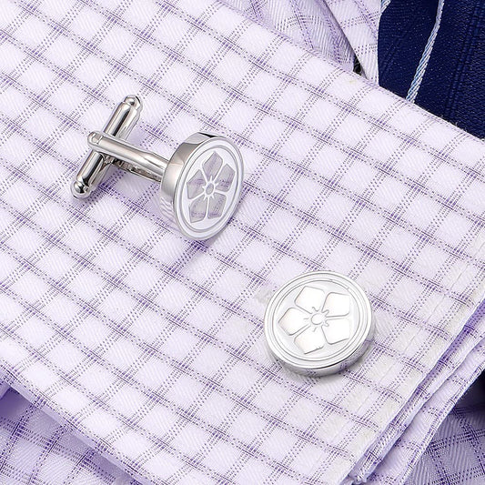 Rockyu 桜花カフス メンズ シルバー ラウンドカフス 鏡面仕上げ フラワーモチーフ